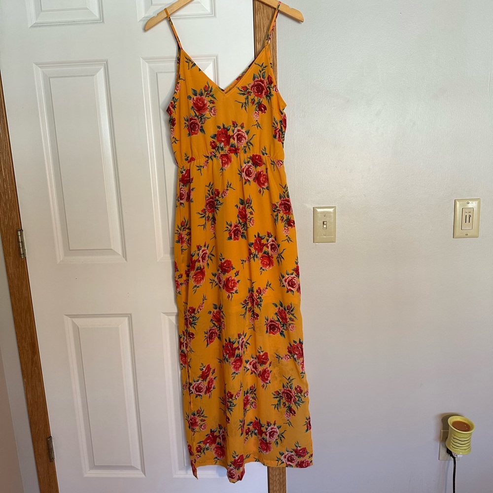 H&M Yellow-Orange Floral Maxi Dress with Spaghetti Straps